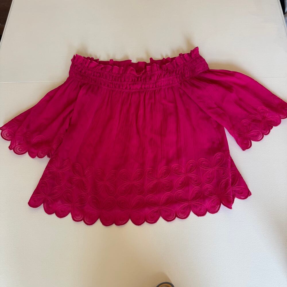 Trina Turk Hot Pink Off Shoulder Silk Cotton Eyelet Blouse Embroidered Top XS